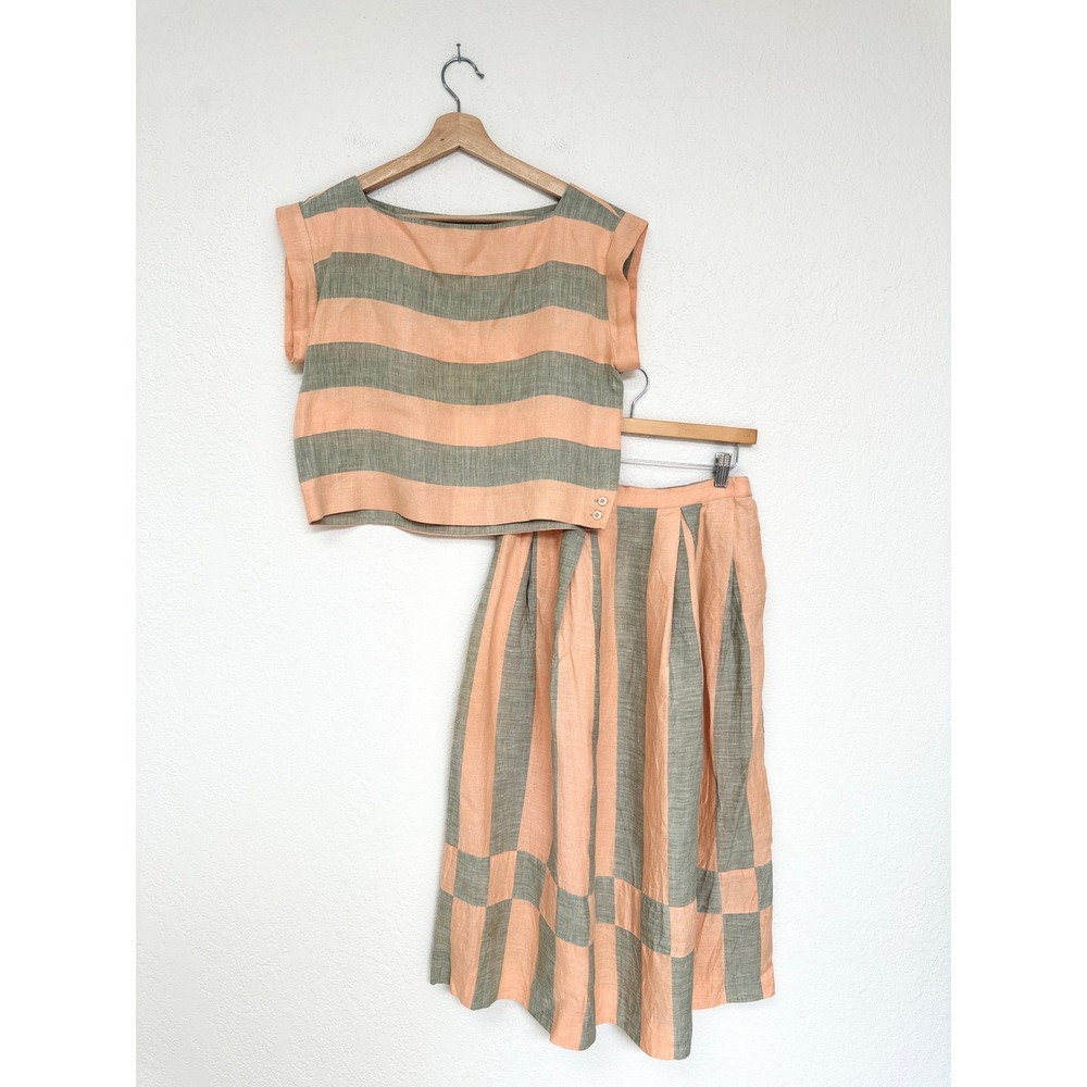 Albert Nipon Vintage 100% Linen Striped Crop Top and Pleated Midi Skirt Size S-M